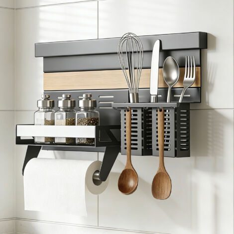 Mai & Mai Porta Spezie e Porta Mestoli da Cucina in Lamiera Zincata, Portaspezie con Porta Rotolo, Portautensili con 5 Ganci, Grigio, da Appendere con Guide, Reglo-10+Reglo-12