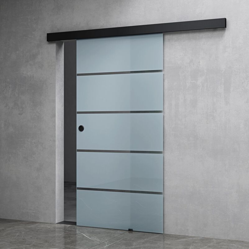 Mai&mai - Porte Coulissante Noir 90x215cm avec Bandes Opaques en Verre Sécurité esg 8mm Poignée Ronde avec Système Softclose Distance au Mur de 25mm