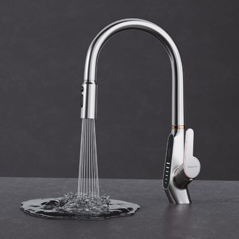 Mai & Mai Rubinetto per Cucina, 3 Modalità con Doccetta Estraibile, Rubinetto Lavello Cucina in Ottone con Display Digitale a LED, Tubi e Accesorri, Design Moderno Argento MS-8085