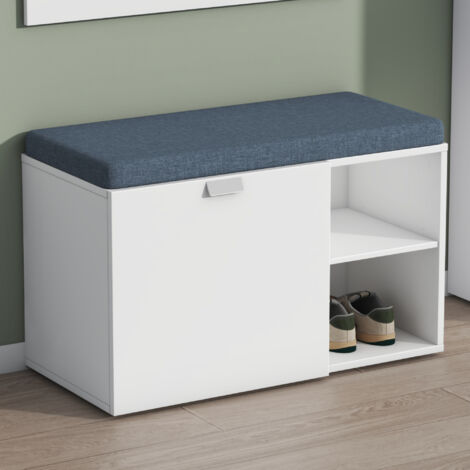 Mai & Mai Schuhbank mit Sitzfläche, Schuhregal mit Schiebetüren und offenen Fächern, gepolsterter Sitz, verstellbare Ablagen Matt weiß 80x37x50cm Zitta-01