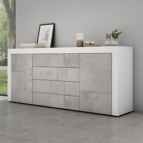 Mai & Mai Sideboard Aufbewahrungsschrank BTH: 167x36x70 cm mit 2 Schränken und 4 Schubladen in Weiß matt + Beton Kommode Mehrzweckschrank Möbel Schrank03