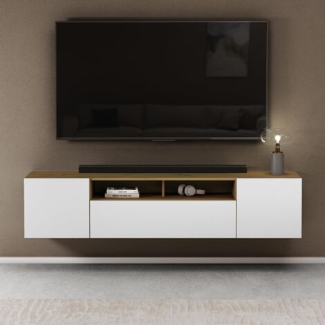 Mai & Mai TV Schrank Fernsehschrank 3 Türen mit Soft-Close Lowboard Hängeschrank Fernsehtisch für Wohnzimmer in Kerneiche + matt Weiß BTH: 180x36x39 cm Fernsehschrank03