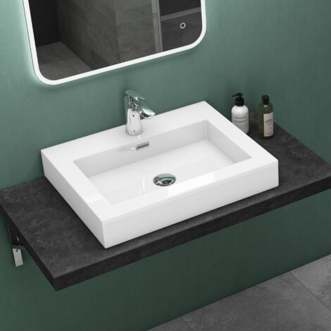 Mai & Mai Vasque à poser lavabo suspendu blanc 60cm résine rectangulaire avec perçage pour robinet lave mains avec trop-plein Col818 60x48x10cm