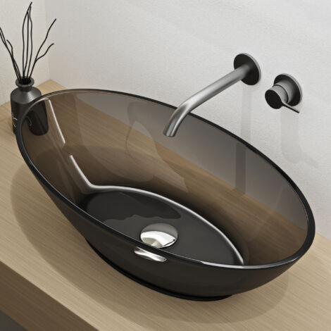 Mai & Mai Vasque à Poser Ovale Gris Lavabo de Résine Transparente Évier Salle de Bain Lave Mains sans Trop-Plein 63x34x17cm Coloria02