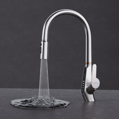 Mai & Mai Wasserhahn Küche Küchenamatur ausziehbar 360° drehbar 3 Wasserstrahl-Modi LED-Digitalanzeige Küchenwasserhahn Spültischarmatur Silber MS-8085