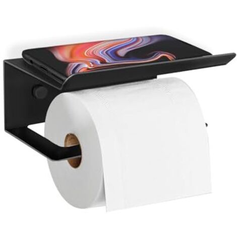 [MAI USATO] Porta carta igienica nero senza fori, autoadesivo da parete, porta carta igienica in acciaio inox con ripiano, moderno accessorio per il bagno