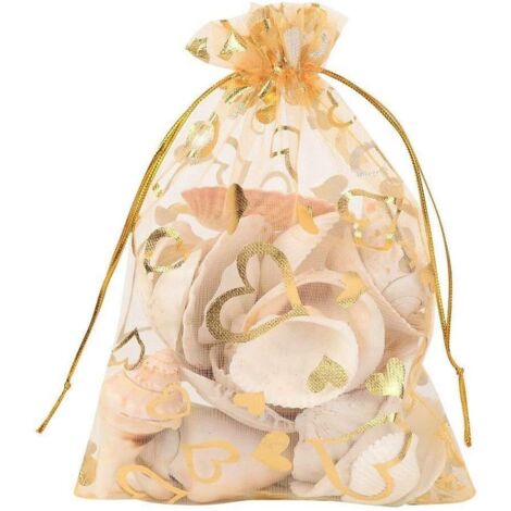 [MAI USATO]100 sacchetti in organza trasparente con coulisse a forma di cuore, 9 x 12 cm, per bomboniere di nozze, regali di Natale (oro)
