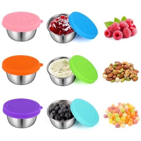 [MAI USATO]6 pezzi contenitori per condimenti, contenitori per salse da 50 ml con coperchi in silicone, piccoli contenitori per salse in acciaio inossidabile per insalate e condimenti