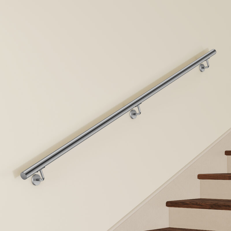 Main Courante Murale pour Escalier en Inox 304 argent - Rampe Escalier 220 cm avec Supports Fixation et Embouts Inclus - Usage Intérieur & Extérieur