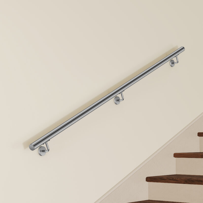 Main Courante Murale pour Escalier en Inox 304 argent - Rampe Escalier 200 cm avec Supports Fixation et Embouts Inclus - Usage Intérieur & Extérieur