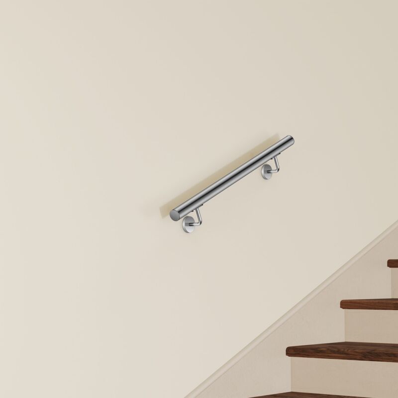 Main Courante Murale pour Escalier en Inox 304 argent - Rampe Escalier 80 cm avec Supports Fixation et Embouts Inclus - Usage Intérieur & Extérieur