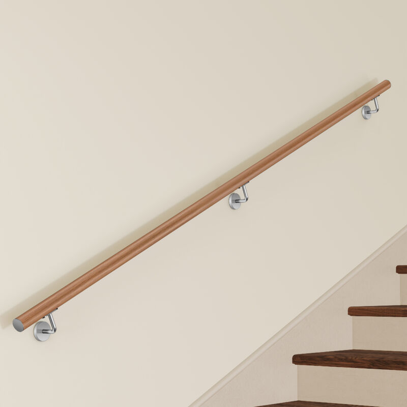 Main Courante Murale pour Escalier en Inox 304 Design bois naturel - Rampe Escalier 240 cm avec Supports Fixation et Embouts Inclus