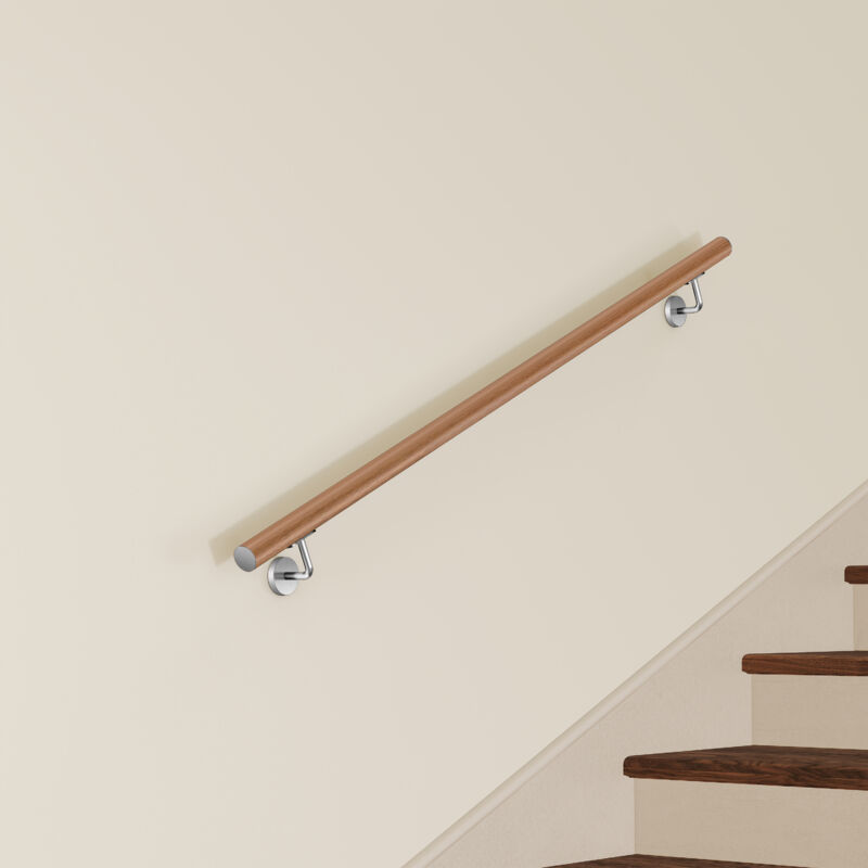 Main Courante Murale pour Escalier en Inox 304 Design bois naturel - Rampe Escalier 150 cm avec Supports Fixation et Embouts Inclus
