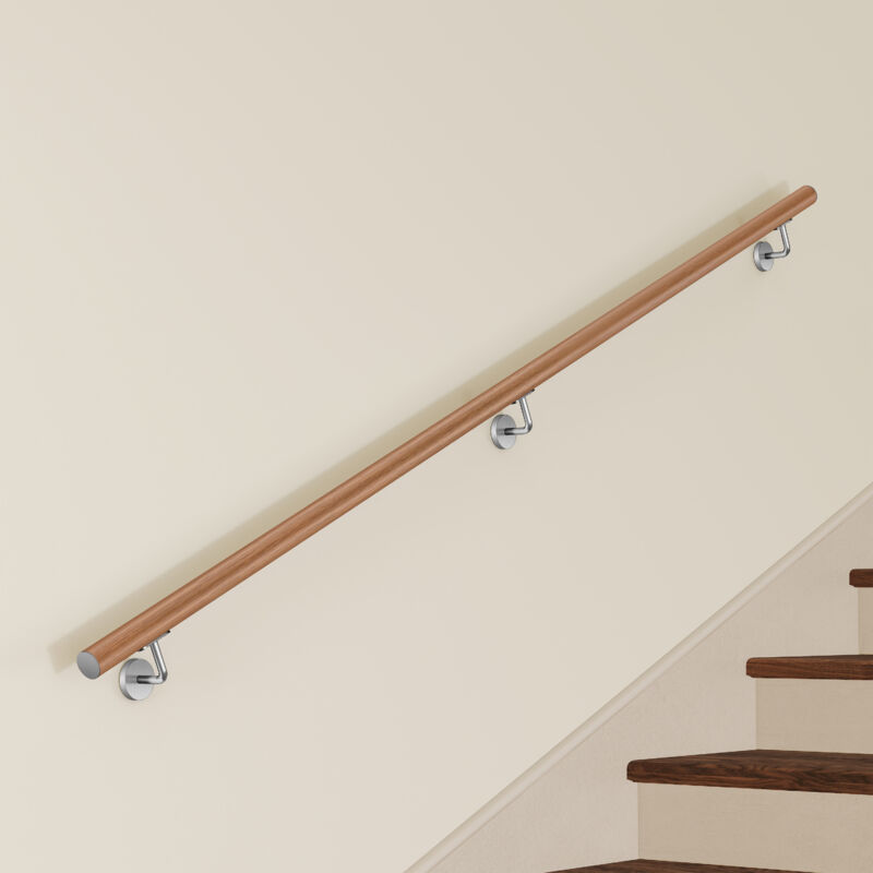 Main Courante Murale pour Escalier en Inox 304 Design bois naturel - Rampe Escalier 220 cm avec Supports Fixation et Embouts Inclus
