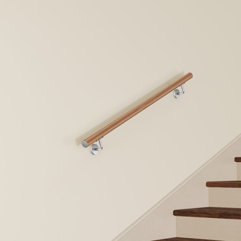 Main Courante Murale pour Escalier en Inox 304 Design bois naturel - Rampe Escalier 120 cm avec Supports Fixation et Embouts Inclus