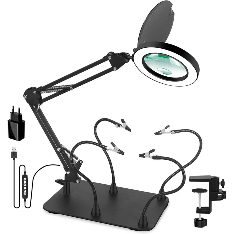 Mains d'aide à souder, 2 en 1 Lampe Loupe avec Lumière et Support, Lampe de Bureau 10X avec Troisième Main, Main de soudage Loupe de soudage à pour