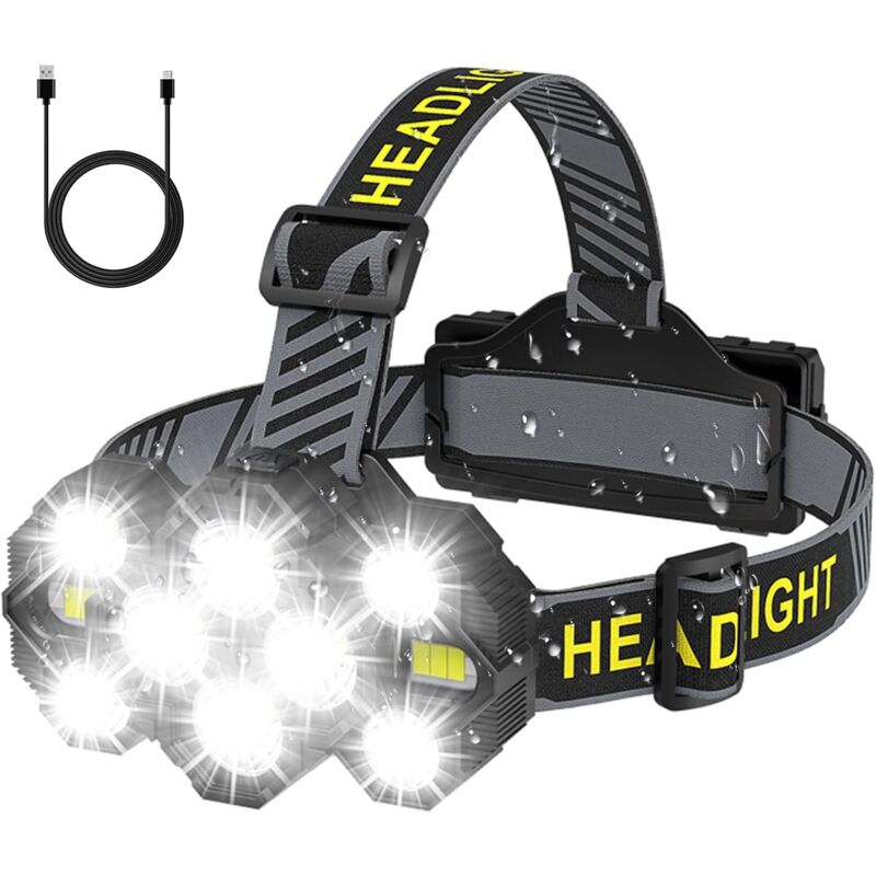 Mains Libres Lampe Frontale Rechargeable 10LED 22000 Lumens 10 Modes Lampe Frontale LED IPX4 Étanche 90° Réglable pour Camping,Cyclisme,Activités De