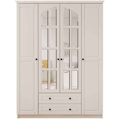 EVUHOME MAISON 4 Door 2 Drawer Mirrored White Wardrobe