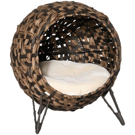 Maison à chat en rotin avec coussin Endroit pour dormir Grotte pour chat avec pieds surélevés Marron Ø52 x 58 cm