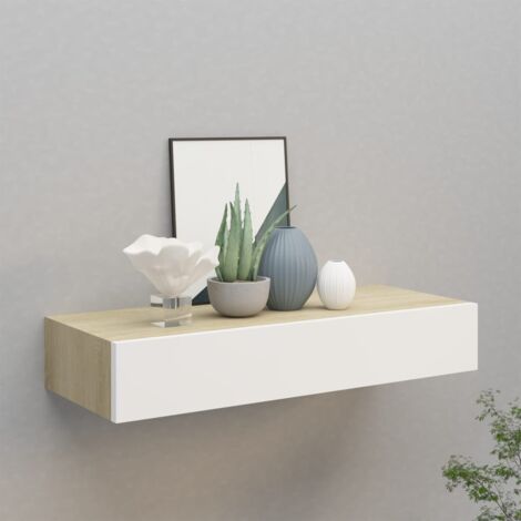 Maison Chic – Étagère murale avec tiroir en MDF et métal – Chêne et blanc – Dimensions 60x23,5x10 cm – Pour objets de décoration et livres
