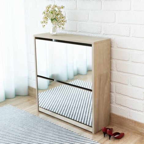Maison Chic – Meuble à chaussures avec miroir – 2 étagères inclinées – Dimensions 63 x 17 x 67 cm – Chêne – Fixation murale incluse