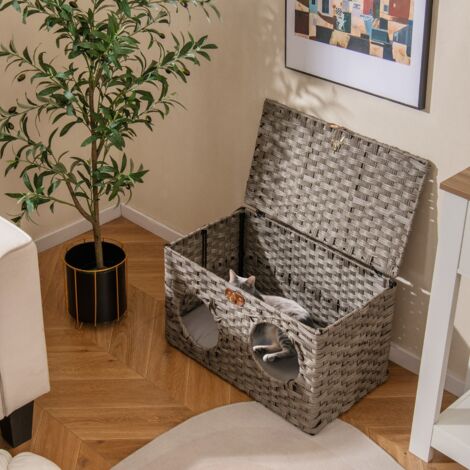 Maison de Chat d'Intérieu 60 X 35 X 35cm Grand Condo en Rotin pour Chaton avec Coussin Amovible Doux Couvercle Verrouillable Meuble Gris