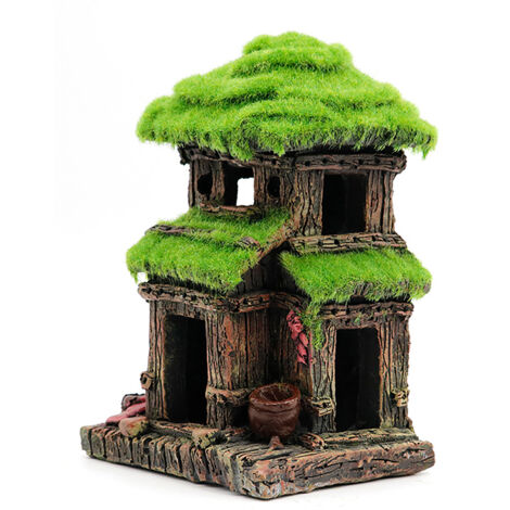 Maison de Décoration Aquarium en Résine avec Mousse de Mousseline Double Étage 10x8.5x16.5cm