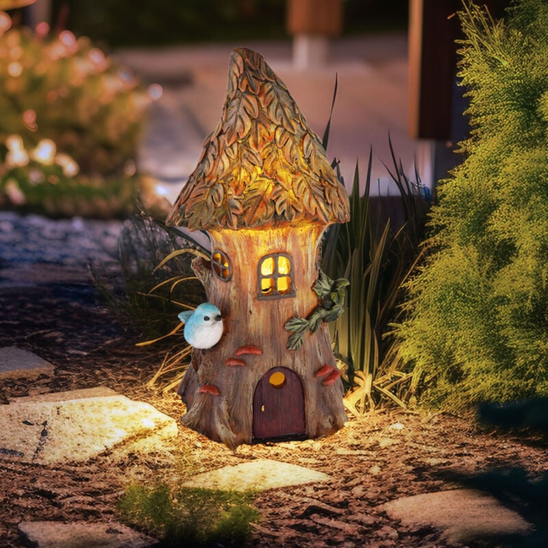 Maison de fée pour le jardin, décoration solaire pour jardin extérieur, lampes solaires pour décoration extérieure, maison en tronc d'arbre, 1x led