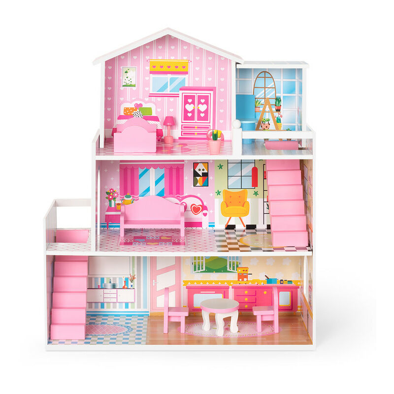 Maison de poupée en bois rose avec accessoires de poupée de 7 à 12 cm, douce grande maison de rêve,70*60*24cm