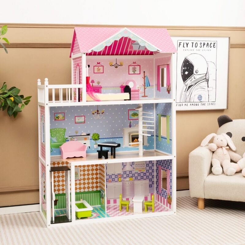 Maisonchic - Maison de Poupée en Bois à 3 Etages avec 5 Pièces & Ascenseur & Escalier Rotatif Maison avec Autocollants & 10 Meubles pour Enfants de 3