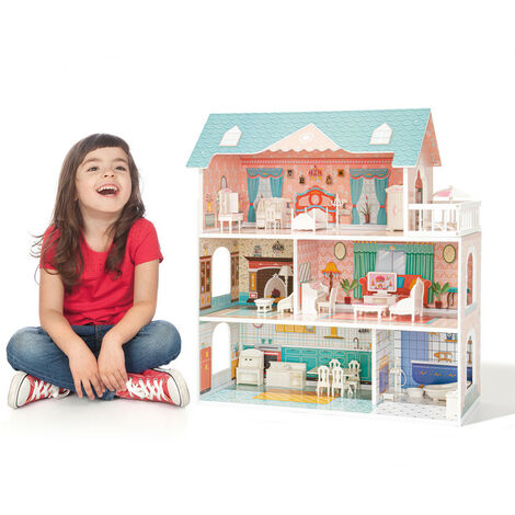 Maison de poupée pour enfants avec nombreux accessoires Maison à 3 étages  avec 5 pièces, en MDF, 62x27x70cm, Rose - Costway