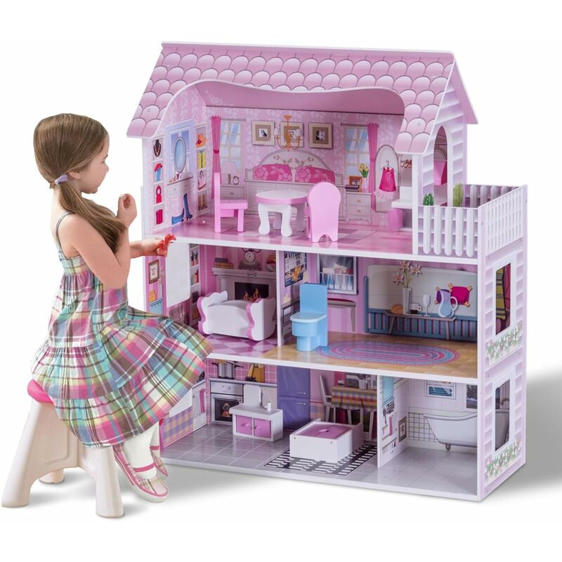 Maison de poupée en bois 3 étages avec meubles accessoires cabane Poupées Villa poupée