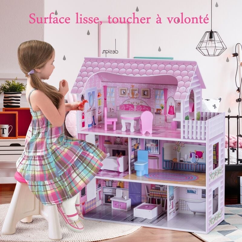 Maison de poupée pour enfants avec nombreux accessoires Maison à 3 étages avec 5 pièces, en MDF, 62x27x70cm, Rose CW7973 DESIGN IN