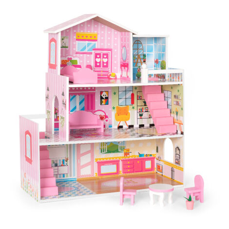 Maison de poupées en bois, Cabane enfant exterieur, avec accessoires pour poupées de 7 à 12 cm, jolie grande maison de rêve, 3+, Rose, KINSI