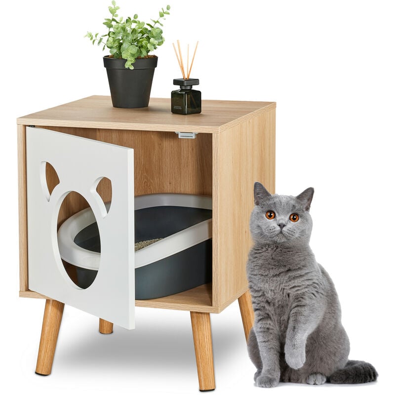 Maison de toilette avec porte, HxLxP: 50x40x40 cm, cache-litière pour chat, meuble d'intérieur, nature - blanc - Relaxdays