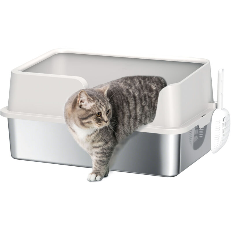 Maison de toilette bac à litière pour chat dim. 60 x 40 x 28 cm acier inox plastique gris clair