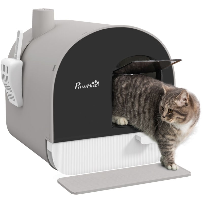 Maison de toilette bac à litière pour chat avec porte battante, pelle et filtre inclus dim. 43L x 44l x 47H cm pp gris