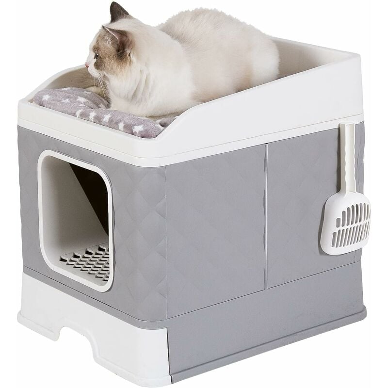 Maison de Toilette Chat Bac à Litière Chat Fermé 2 en 1 avec Pelle à Litière Espace de Couchage Amovible 50 x 38 x 37 cm
