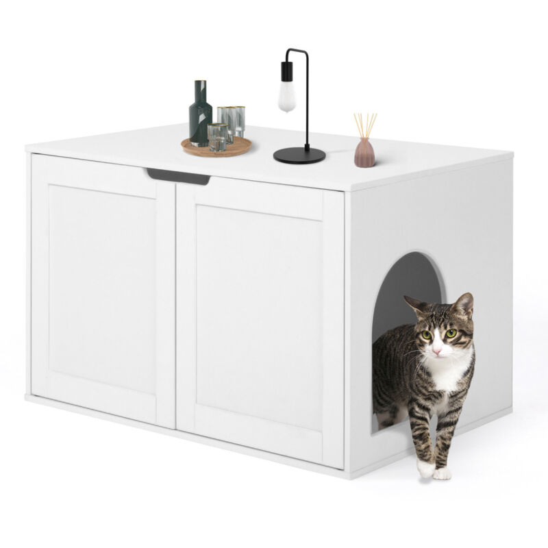 Maison de toilette chat - cache-litière avec doubles portes blanc