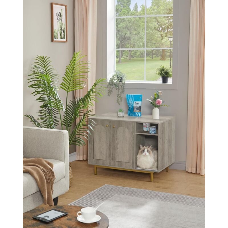 Maison de Toilette Chat, Meuble Litière Chat Cachés, Grège
