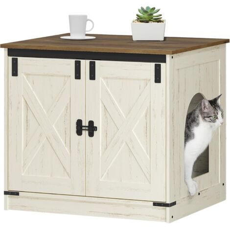 Maison de Toilette Chat, Meuble Litiere Chat, Meuble à Litière avec Cloison Amovible, Maison pour Chats, Entrée Réversible à Gauche ou à Droite, Marron et Blanc