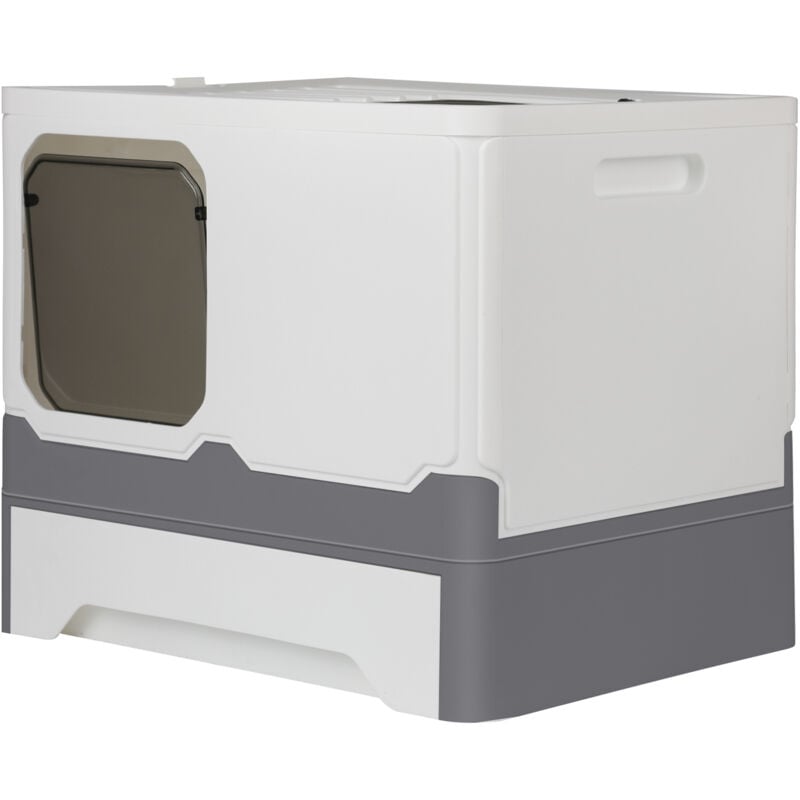 Maison de Toilette Chat, Meuble Litière Chat,WC toilettes pour chats,bac à litière avec pelle, gris et blanc