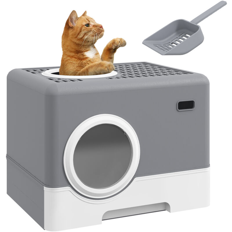 Maison de toilette chat porte battante et haute pelle pp gris blanc