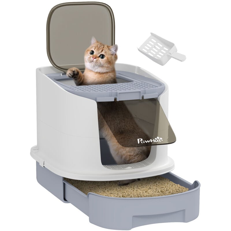 Maison de toilette chat - porte fumée, pelle, 2 sacs désodorisation, tiroir litière coulissant - entrée sortie - blanc gris