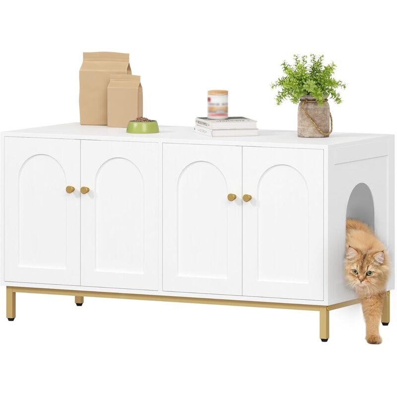 Maison de toilette pour 2 chats – Meuble de litière 119 × 50 × 61 cm – Panneau de particules et acier – Élégant blanc et or