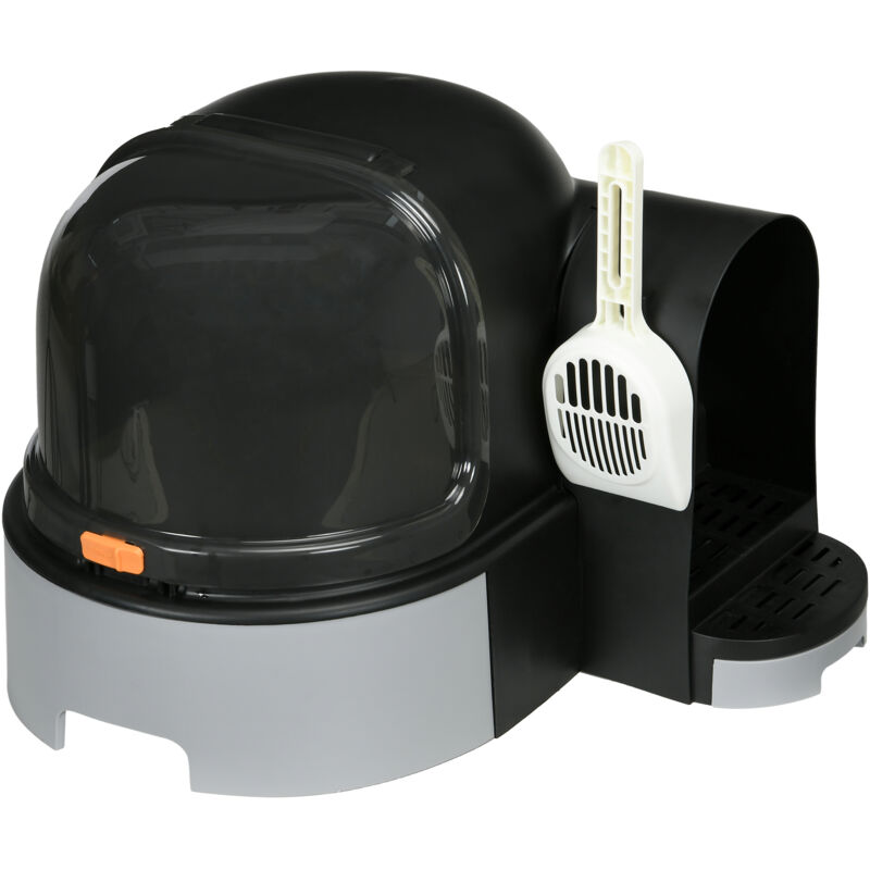 Maison de toilette litière pour chat design capsule spatiale - porte, capot ouvrant, pelle, 2 tiroirs amovibles - gris noir