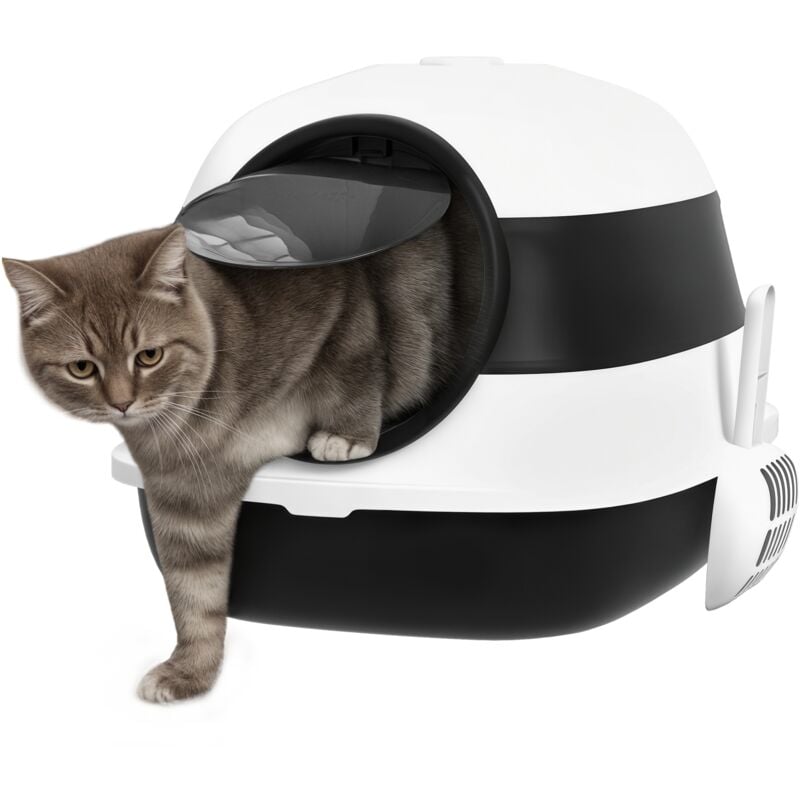 Maison de toilette pliable - bac à litière chat avec porte battante, pelle et filtre inclus - abs pp blanc noir