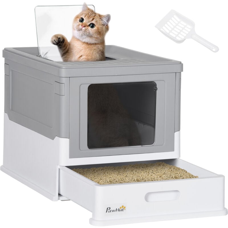 Maison de toilette pliable pour chat - tiroir à litière coulissant, porte battante et trappe transparente, pelle - blanc gris