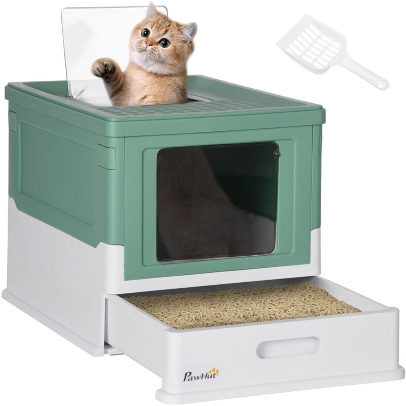 Maison de toilette pliable pour chat - tiroir à litière coulissant, porte battante et trappe transparente, pelle - blanc vert