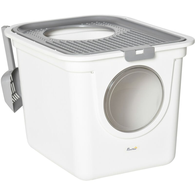 Pawhut - Maison de toilette litière pour chat double porte battante et supérieure - pelle incluse - blanc gris